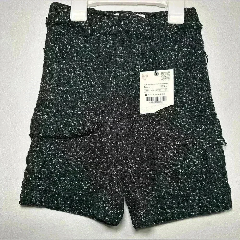 NWT Zara Girls Tweed Textured Shorts 6 Black White Cargo Pocket Bermuda Shorts